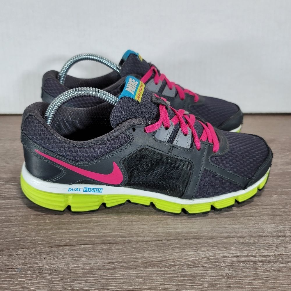 Nike Dual Fusion St2 Athletic Running Shoes Black Pink Lime Girls Youth Us 6y